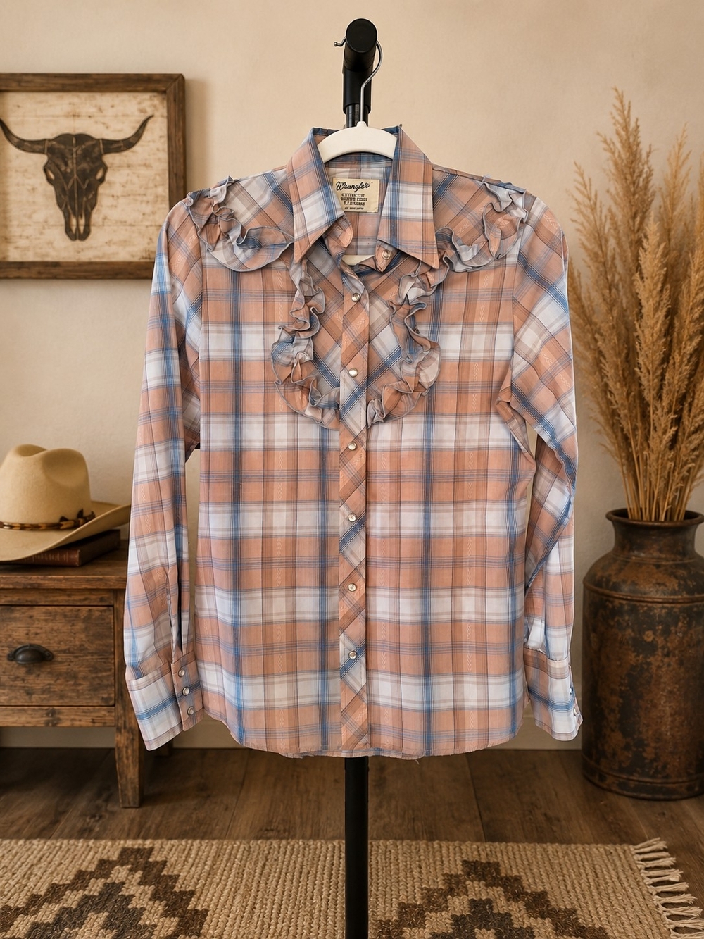Wrangler Vintage Tan and Light Blue Plaid Ruffle Pearl Snap Western Shirt, S